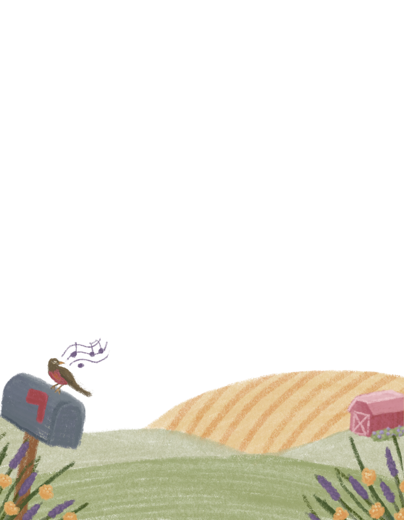 Chalk drawing of bird sitting on mailbox singing. Farm with rolling hills in background. Flowers in foreground.